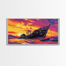 Shipwreck Sunset, Seascape Nautical, Framed Canvas Print, Vibrant Ocean Wall Art, Beach House Art, Nautical Art, Living Room Wall Art