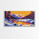 Snowy Mountains, River Sunset, Framed Canvas Print, Winter Landscape Art, Alpine Lodge Decor, Colorful Nature Art, Office Wall Art