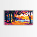 Tropical Beach, Sunset Waves, Palm Tree Art, Coastal Wall Art, Beach House Decor, Framed Canvas Print, Colorful Ocean Painting