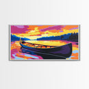 Canoe on Lake, Serene Water Reflection, Vibrant Sunset Art, Nature Scene, Framed Canvas Print, Living Room Decor, Cabin Wall Artwork