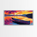 Canoe Sunset Lake, Reflection, Nature, Framed Canvas Print, Wall Art, Vibrant Landscape, Cabin Decor, Rustic Home, Outdoor Adventure