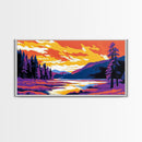 Forest, River, Sunset Sky, Vibrant Nature Scene, Framed Canvas Print, Wall Art, Cabin Home, Cozy Retreat, Outdoor Lovers, Rustic Aesthetic