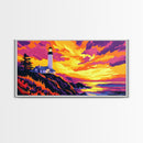 Lighthouse, Coastal Sunset, Ocean View, Nautical Wall Art, Framed Canvas Print, Beach House Decor, Seaside Painting, Vibrant Art