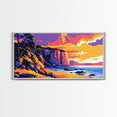 Cliffs, Coastal Painting, Sunset Beach, Ocean Wall Art, Framed Canvas Print, Seaside Home, Vibrant Landscape, Boho Coastal Decor