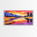 Sunset Mountain Reflection, Framed Canvas Print, Vibrant Wall Art, Colorful Nature Art, Landscape Painting, Living Room Wall Decor