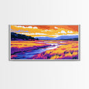 Golden Field River View, Canvas Print, Colorful Nature Art, Tranquil Landscape Painting, Boho Aesthetic, Living Room Wall Decor