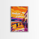 Sunset Village, Walkway, Framed Canvas Print, Mediterranean Street Art, Colorful Cityscape, Urban Wall Decor, Warm Tones