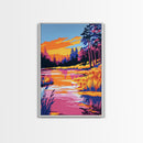 Forest Twilight, Golden Hour Reflection, Tranquil Landscape, Nature Serenity, Framed Canvas Print, Cozy Cabin Decor, Fall Art