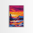 Sunset Cabin, Cozy Retreat, Rustic Nature, Framed Canvas Print, Winter Wall Art, Log Cabin Scene, Sunset Painting, Warm Color Decor