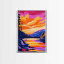 Mountain Lake, Golden Hour, Bold Color Art, Framed Canvas Print, Wilderness Wall Art, Rustic Home Decor, Cabin Aesthetic, Modern