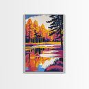 Tranquil Lake, Sunset Serenity, Dreamy Landscape, Bold Contrast, Framed Canvas Print, Cabin Decor, Cozy Retreat, Wall Art