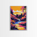 Waterfall Serenity, Vibrant Landscape, Sunset Glow, Nature Wall Art, Framed Canvas Print, Living Room Decor, Bold Colors