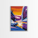 Frozen Falls, Winter Wonderland, Icy Landscape, Bold Color Contrast, Framed Canvas Print, Seasonal Art, Cozy Winter Decor