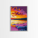Twilight Reflection, Serene Water Art, Vibrant Sunset Print, Framed Canvas Print, Living Room Wall Decor, Boho Style Art, Relaxing Artwork