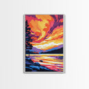 Sunset Lake, Landscape Painting, Autumn Art, Nature Wall Decor, Framed Canvas Print, Vibrant Mountain Scene, Living Room Wall Art