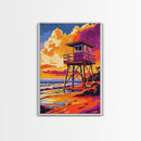 Lifeguard Tower, Beach Sunset, Coastal Summer Art, Vibrant Seascape, Framed Canvas Print, Ocean Lover Decor, Nautical Wall Art