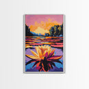 Water Lily, Sunset, Pond, Nature, Framed Canvas Print, Botanical Wall Art, Floral Painting, Bedroom Art, Serene Watercolor Vibes