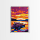 Dock, Lake, Boat, Sunset, Framed Canvas Print, Nautical Wall Art, Relaxing Lake House Decor, Living Room Art, Tranquil Scenic Painting