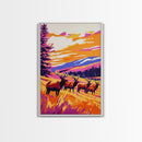 Elk Herd, Mountain Sunset, Wildlife Painting, Framed Canvas Print, Rustic Cabin Wall Art, Autumn Nature Decor, Bold Landscape Artwork