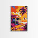 Beach House, Tropical Decor, Sunset Wall Art, Palm Tree, Framed Canvas Print, Coastal Wall Art, Summer Vibes, Living Room Art