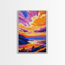Sunset Over Cliffs, Vibrant Sky, Framed Canvas Print, Bold Landscape, Large Artwork, Living Room Art, Gift Idea, Colorful Painting