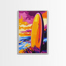 Surfboard Sunset, Vibrant Beach, Framed Canvas Print, Coastal Wall Art, Boho Decor, Large Artwork, Bedroom Art, Modern Painting, Gift Idea