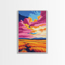 Golden Field, Sunset Sky, Framed Canvas Print, Warm Landscape Art, Country Home Decor, Colorful Painting, Cozy Aesthetic, Dining Room Art
