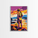 Fisherman Painting, Ocean Art, Nostalgic Scene, Sunset Coast, Framed Canvas Print, Rustic Wall Art, Vintage Aesthetic, Living Room Art