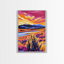 Mountain Meadow, Sunset Landscape Art, Rustic Cabin Decor, Autumn Nature Print, Warm Colors Painting, Framed Canvas Print