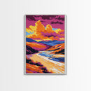 Mountain Sunset Painting, River Valley Wall Art, Colorful Landscape Print, Dramatic Nature Art, Framed Canvas Print, Rustic Cabin Decor