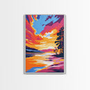 Lakeside Sunset Painting, Serene Nature Wall Art, Warm Color Palette, Scenic Landscape Print, Framed Canvas Print, Boho Bedroom Decor
