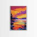 Tranquil Sunset Lake, Scenic Nature Painting, Warm Color Landscape Art, Peaceful Home Decor, Framed Canvas Print, Cozy Bedroom Wall Art
