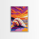 Spiral Seashell Art, Ocean Beach Painting, Vibrant Sunset Coastal Print, Tropical Wall Decor, Framed Canvas Print, Relaxing Bathroom Art