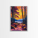 Forest Sunset Path, Tranquil Woodland Scene, Vibrant Landscape Art, Cozy Nature Wall Decor, Framed Canvas Print, Autumn Living Room Art
