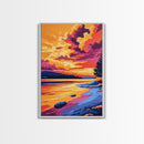 Sunset Reflection, Vibrant, Nature, Lake, Framed Canvas Print, Landscape Wall Art, Autumn Decor, Colorful Painting, Home Office, Rustic Art