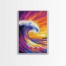 Ocean Wave, Splash, Power, Sunset, Framed Canvas Print, Coastal Decor, Surf Art, Beach House Wall Art, Nautical Theme, Vibrant Blue
