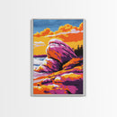 Rock Formations, Beach, Sunset, Vibrant, Framed Canvas Print, Coastal Nature Art, Ocean Landscape, Earthy Decor, Tranquil Wall Art