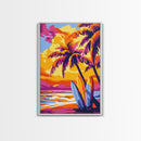 Surf Shack, Tropical Landscape, Sunset Beach, Framed Canvas Print, Boho Wall Art, Coastal Home Decor, Vibrant Surfing Aesthetic