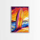 Surfboard Sunset, Ocean Waves, Beach Art, Canvas Print, Coastal Living Decor, Bold Tropical Colors, Relaxing Wall Art, Modern Home