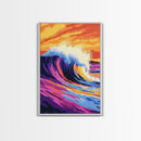 Wave Art, Surfing Aesthetic, Sunset Ocean, Framed Canvas Print, Beach House Decor, Coastal Wall Art, Vibrant Colors, Modern Seascape