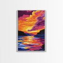 Lake Sunset, Vibrant Water Reflection Art, Framed Canvas Print, Serene Nature Scene, Bold Landscape Painting, Relaxing Wall Decor