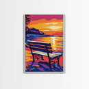 Seaside Bench, Sunset Beach Art, Romantic Wall Art, Coastal Decor, Framed Canvas Print, Nature Wall Art, Serene Landscape Painting