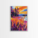 Lakeside Pines, Autumn Nature Art, Tranquil Landscape, Vibrant Sunset Painting, Framed Canvas Print, Cabin Wall Decor, Rustic Home Art
