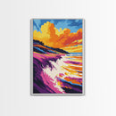 Ocean Waves, Coastal Cliff, Vibrant Sunset, Framed Canvas Print, Beach House Wall Art, Nautical Home Decor, Ocean Serenity Painting