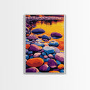 River Stones Reflection, Canvas Print, Colorful Sunset, Modern Landscape, Nature Artwork, Peaceful Lake, Warm Aesthetic, Living Room Art