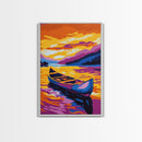 Canoe Serenity, Golden Lake, Sunset Mountains, Canvas Print, Tranquil Nature Art, Living Room Wall Decor, Boho Aesthetic, Warm Colors