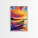 Lake Canoe, Tranquil Waters, Warm Sunset, Framed Canvas Print, Rustic Cabin Art, Living Room Wall Art, Cozy Autumn Decor, Bohemian Style