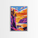 Cliffside Sunset Art, Vibrant Seascape Painting, Ocean Print, Coastal Home Decor, Beach Scene, Framed Canvas Print, Living Room Art