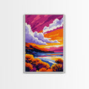 Coastal Sunset, Vibrant Sky, Ocean Landscape, Serene Beach Scene, Nautical Home Decor, Relaxing Artwork, Framed Canvas Print, Gift