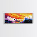 Rolling Waves, Ocean Sunset, Coastal Wall Art, Vibrant Beach Scene, Framed Canvas Print, Nautical Decor, Surfer Room, Seascape Painting